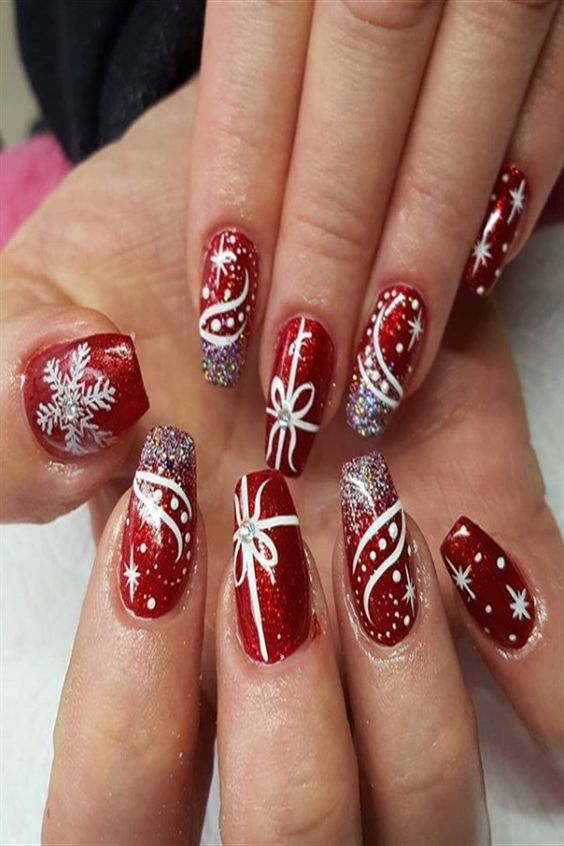 red and white christmas nails