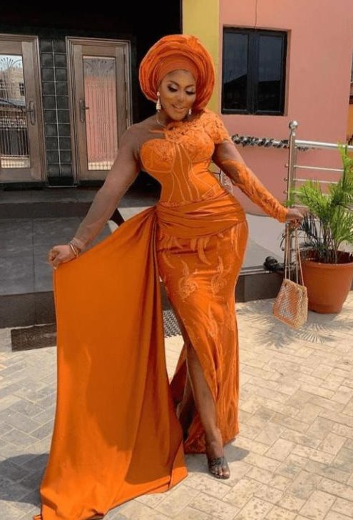 Orange colour Aso Ebi Lace Styles